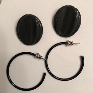Vintage 80’s Metal Earrings Black Hoops & Charcoal Bevelled Ovals Pierced - #435